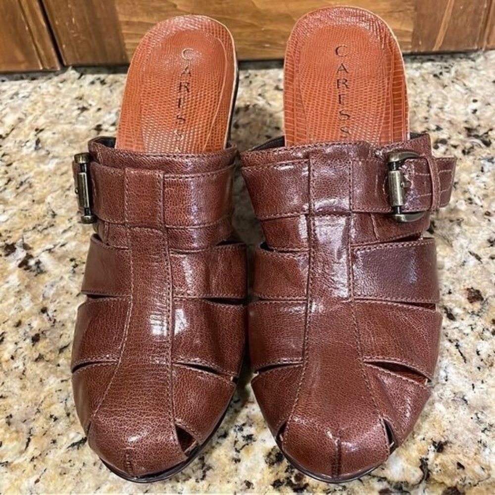 Caressa Fisher Mule size 8 brown, Leather upper & linings NEW 3” heel 4” w/sole